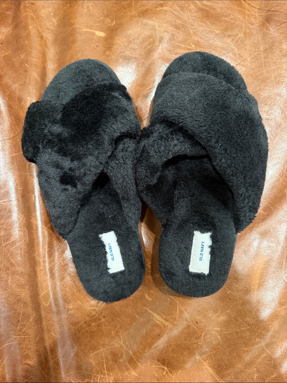 Old Navy Black Plush Crossband Slide Slippers